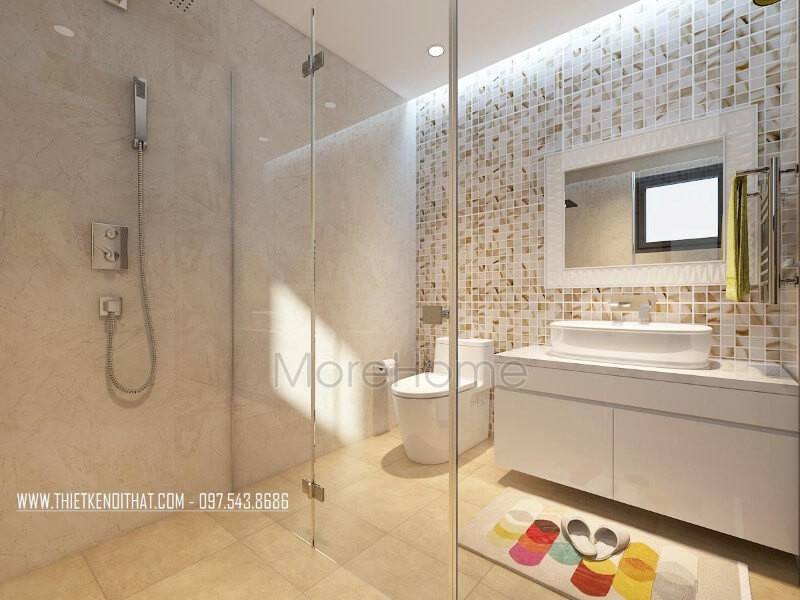 Vách kính tắm cường lục được kiến trúc sư lựa chọn cho không gian phòng tắm, mang lại cảm giác cơi nới thêm cho không gian thêm rộng rãi hơn
