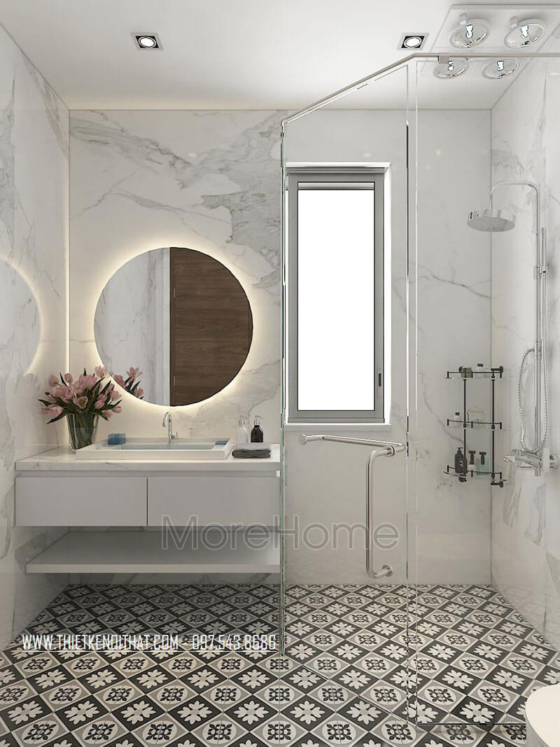 Thiết kế phòng tắm hiện đại với vách tắm 135 độ giúp bé thích thú với không gian tắm mà không bị văng nước ra sàn
