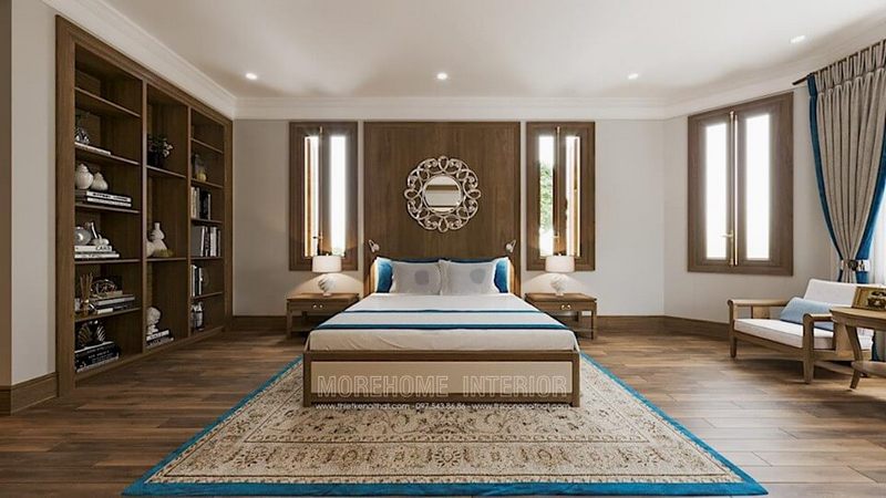 Trên đầu giường thường được bố trí một chiếc gương có những họa tiết uốn lượn nghệ thuật, đem lại cảm giác thẩm mỹ và phong thủy.