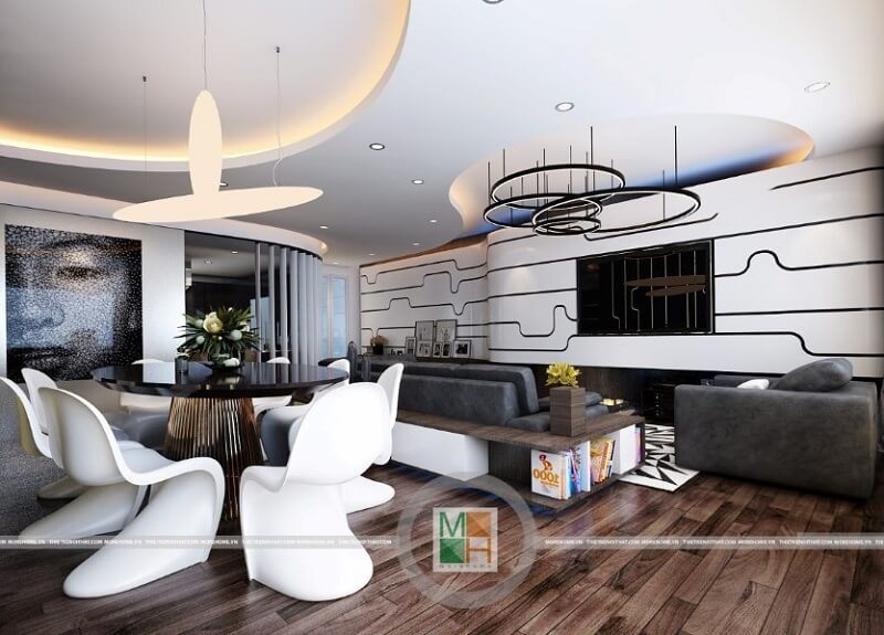 Màu nâu veneer trầm là nét đặc trưng của mẫu thiết kế chung cư hiện đại, tạo ra một cảm giác sang trọng và ấm cúng trong không gian nhà.